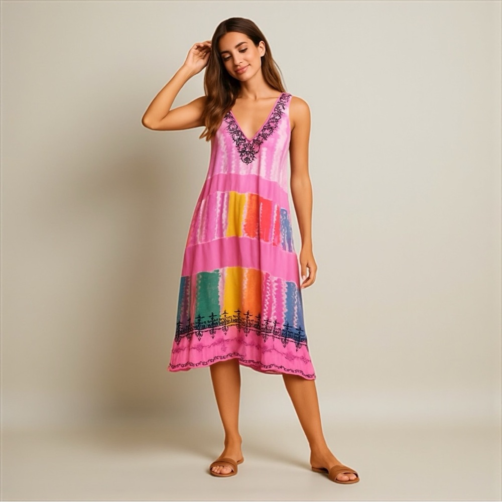 Shoreline Pink and White Tie-Dye Embroidered Dress/Beach Cover up